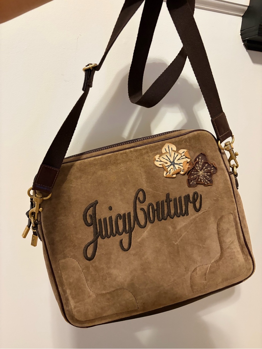 Juicy Couture Brown Suede Crossbody Bag with Floral Appliqués